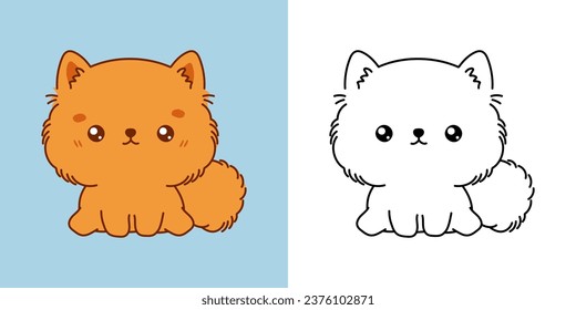 Kawaii Pomeranian Spitz Multicolored and Black and White. Beautiful Isolated Puppy. Funny Vector Illustration of a Kawaii Mammal Animal for Prints for Clothes, Stickers, Baby Shower. 