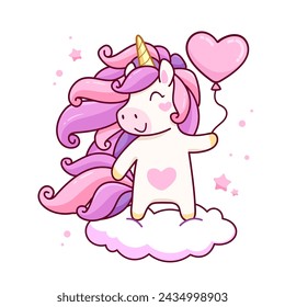 Kawaii Pony Unicorn with balloon heart on cloud. Girly doodle style Pony Unicorn. Happy Pink Unicorn Pony for kids apparel print design and stickers. Fairy tale animal in pastel colors 