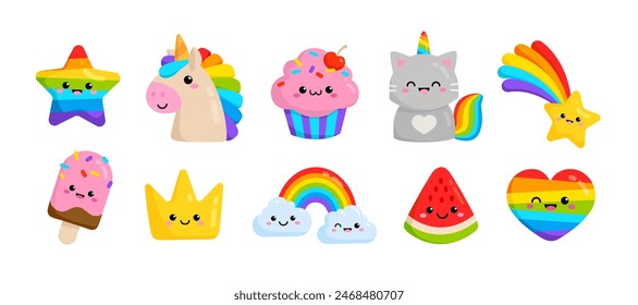 Kawaii Pony Unicornio y divertido gato Unicornio con iconos y emoticonos pegatinas: cupcake, estrella que cae, arco iris, corazón, feliz corona iconos establecidos para las impresiones y tarjeta de felicitación, fiesta de cumpleaños = vector editable