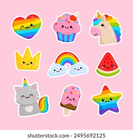 Kawaii Pony Unicornio y divertido gato Unicornio con iconos y emoticonos pegatinas: cupcake, estrella que cae, arco iris, corazón, iconos de corona feliz establecidos para la tarjeta de felicitación, fiesta de cumpleaños feliz - vector editable