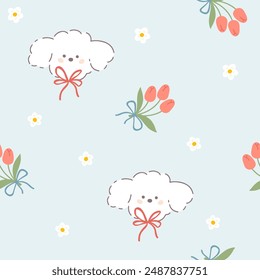 Kawaii poodle puppy with bow knots seamless vector pattern with bouquet of tulip flowers. Childish hand-drawn illustration in a pastel palette on a blue background for baby print, textile, packaging