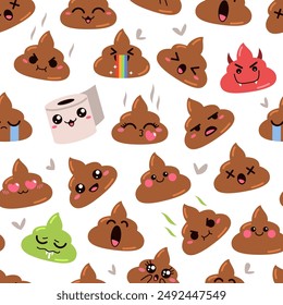 Kawaii poop personajes patrón sin fisuras. Divertidas mascotas fecales con diferentes emociones, lindos excrementos sonrientes. Decoración textil, papel de embalaje, Fondo de pantalla. Impresión para el fondo de Vector ordenado de la tela