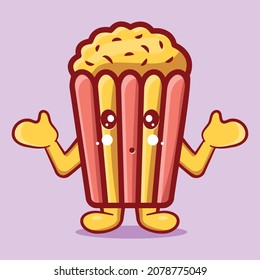 Kawaii Popcorn Food Mascot With Confused Gesture Isolated Cartoon In Flat Style