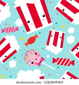 Kawaii Popcorn Seamless Pattern, fully editable vector graphic, illustration, candies, lollipops, party
