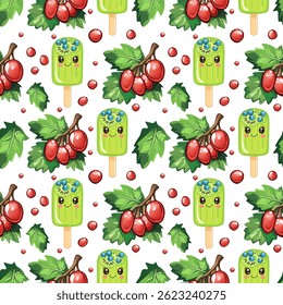 Kawaii Popsicles and Cartoon Berries Vector Background. Seamless Summer Fruit Pattern with Pops and Leafy Branches