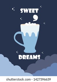 Kawaii postcard with beverage vector illustration. Sweet dreams postcard template. Cup and marshmallow.
