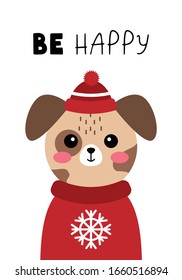 Kawaii poster with animal portrait dog and the phrase - be happy