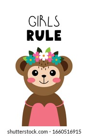 Kawaii poster with animal portrait monkey and the phrase - girls rule  