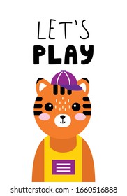 Kawaii poster with animal portrait tiger and the phrase - lets play