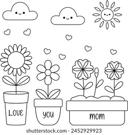 Kawaii pot of flower coloring page for kids, Love Mom, Mother's Day coloring page