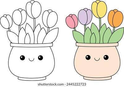 Kawaii pot with tulips coloring page for kids, Mother's Day coloring page