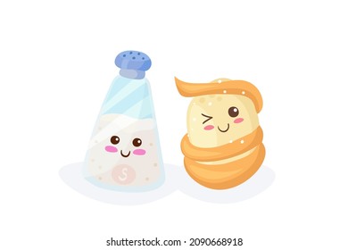 Kawaii Potato with Salt vector characters isolated on white background. Funny happy smiling food characters. Cute yummy baked potato mascot illustration. Kids menu, poster, card, fabric print concept.