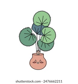 Plantón de palma licuala en maceta Kawaii. Carita linda en flor. Ilustración vectorial infantil con ictus.