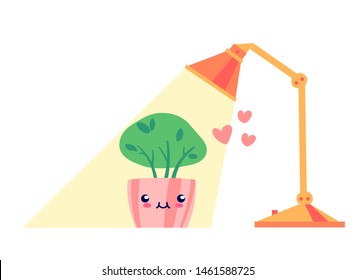 Kawaii potted smiling plant under the lamp light, flat style. Can be used for cute greeting cards or posters or interior elements, home decoration, for plants care leaflets, hygge illustrations etc.