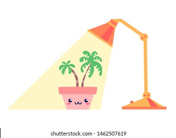 Kawaii potted smiling plant under the lamp light, flat style. Can be used for cute greeting cards or posters or interior elements, home decoration, for plants care leaflets, hygge illustrations etc.