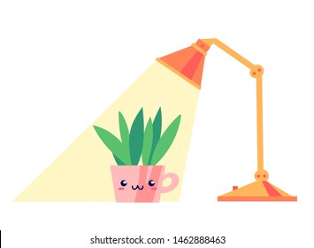 Kawaii potted smiling plant under the lamp light, flat style. Can be used for cute greeting cards or posters or interior elements, home decoration, for plants care leaflets, hygge illustrations etc.