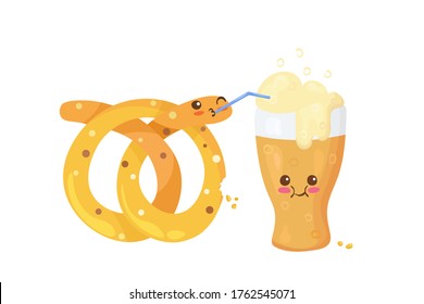 Kawaii Pretzel & Beer vector characters isolated on white background. Funny comic bakery. Cute yummy food mascot illustration. Creative menu concept for Oktoberfest, bakery, pub, bar, post card.