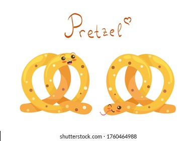Kawaii Pretzel vector characters isolated on white background. Funny comic bakery. Cute yummy sweet food mascot illustration. Creative kids menu concept for bakery, coffee shop, food hall, post card.