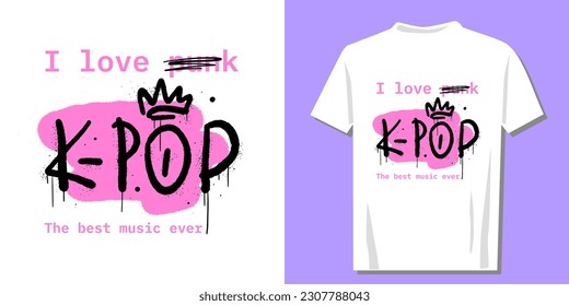 Kawaii print for kpop fans. Retro urban style grunge drawing with cute slogan text. Graffiti tagging of K-pop. Spray effect for graphic tee t shirt, streetwear - Vector artwork.