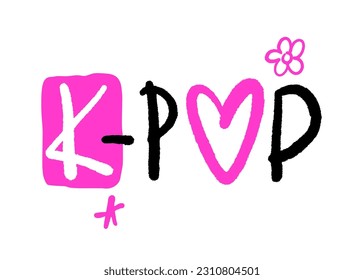 Kawaii print for kpop fans. Retro urban style grunge drawing with cute slogan text. Graffiti tagging of K-pop. Spray effect for pink, cover, t shirt, streetwear - Vector artwork.