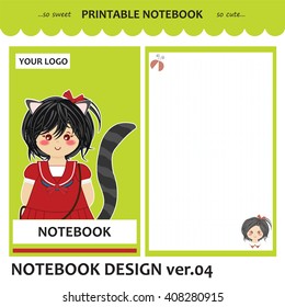 Kawaii printable notebook. Vector set of cover, paper, checked page, note design for diary, planner, notepad, copybook, letter, cards. Simple romantic illustration of kitten girl, green color
