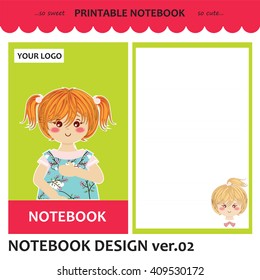 Kawaii printable notebook. Vector set of cover, paper, line page, note design for diary, planner, notepad, copybook, letter, cards. Simple romantic illustration of funny ginger girl, green color
