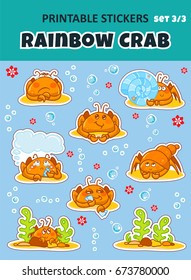 Kawaii printable stickers on blue background. Set of kawaii crabs with shell, seaweeds, coral, water bubbles. Funny crab boy stickers, perfect for diary, stationery, notebook, schedule