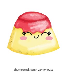 Kawaii Pudding emoji sticker icons. Different emotions smiling faces, vector illustration. Sticker emoji cupcakes