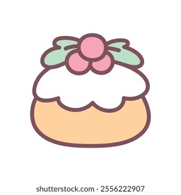 Kawaii pudding icon. Hand drawn illustration of traditional Christmas treat isolated on a white background. Cute winter holiday sticker. Vector 10 EPS.