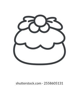 Kawaii pudding icon. Hand drawn monochrome illustration of a traditional Christmas treat isolated on a white background. Cute winter holiday sticker. Vector 10 EPS.