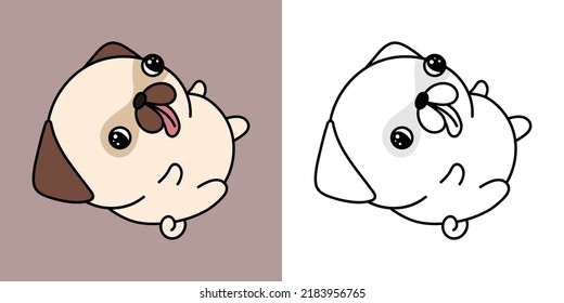 Kawaii Pug Dog Clipart Multicolored and Black and White.  Cute Kawaii Pug. Vector Illustration of a Kawaii Dog for Stickers, Prints for Clothes, Baby Shower, Coloring Pages.
