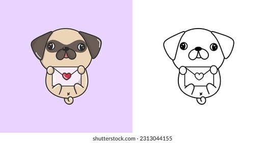 Kawaii Pug Dog Clipart Multicolored and Black and White. Cute Kawaii Puppy. Vector Illustration of a Kawaii Animal for Stickers, Prints for Clothes, Baby Shower, Coloring Pages.
