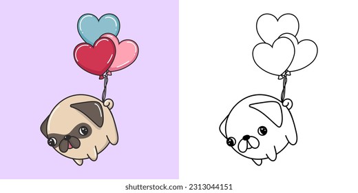 Kawaii Pug Dog Illustration and For Coloring Page. Funny Kawaii Puppy. Vector Illustration of a Kawaii Animal for Stickers, Baby Shower, Coloring Pages, Prints for Clothes.
