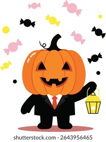Kawaii Pumpkin Character with Witch Hat, Lantern, and Flying Candy
