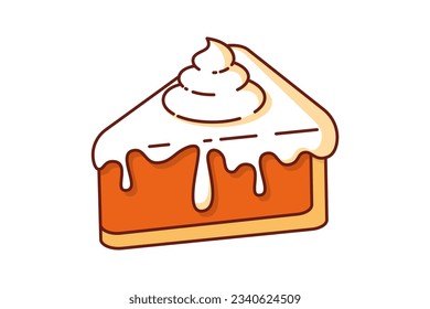 Pie de calabaza de Kawaii. Deliciosa ilustración vectorial kawaii clipart con un lindo trozo de tarta de calabaza, puesta en un aislado fondo de corte.