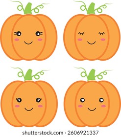Kawaii pumpkin set, Halloween and Thanksgiving, tradition and customs, vector file