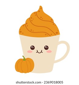 Kawaii pumpkin spice latte coffee. Cute autumn and winter hot drink. Cartoon flat vector illustration