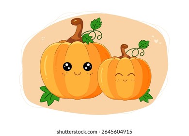 Kawaii pumpkins. Cute couple happy pumpkins cartoon character. Halloween, harvest concept. For poster, card, print, social media, post. Vector illustration