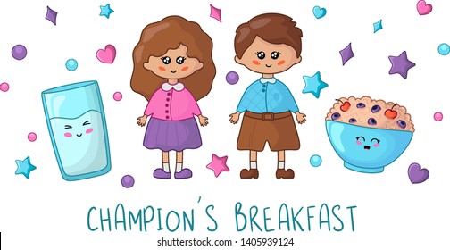 Kawaii pupils or students - boy and girl and healthy school breakfast - bowl of porridge and milk, food for champions, cute cartoon characters. Childrens vector flat illustration