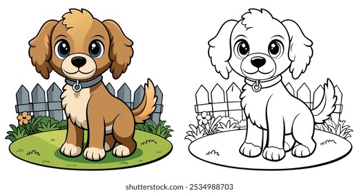 Kawaii Puppy Colorir Páginas Para Crianças Imprimível. Vetor de Contorno de Cartoon Baby Dog In Garden. Ilustração de Desenho Animado Animal