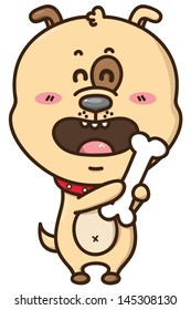 kawaii puppy. Vector illustration of happy cartoon dog with bone