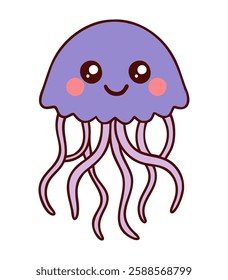 Kawaii purple jellyfish cute cartoon style illustration