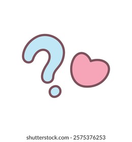 Kawaii question mark icon. Hand drawn illustration of a blue question mark and little heart isolated on a white background. Abstract romantic emoji. Vector 10 EPS.