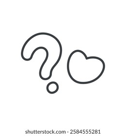 Kawaii question mark icon. Hand drawn monochrome illustration of a question mark and a little heart isolated on a white background. Abstract romantic emoji. Vector 10 EPS.