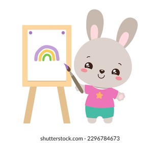 Kawaii rabbit animal. Cute bunny artist drawing with paint brush and easel. Art studies school subject sign. Funny student cute cartoon hare. Kawaii animal smiling holding brush standing by the easel.