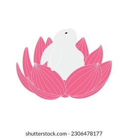 Kawaii rabbit, bunny in lotus flower illustration. Hand drawn cute cartoon animal character illustration. Flat style design, isolated vector. Mid Autumn Festival, Easter print element, Chinese zodiac