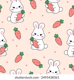 Kawaii rabbit with carrot. Seamless pattern. Cute vector background. Hand-drawn illustration.