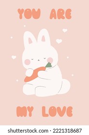 Kawaii rabbit and carrote  Cute bunny character beige background  You are my love concept  Valentines day card  Flat design  Stock vector illustration 