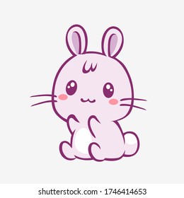 Kawaii rabbit cartoon. Cheerful funny little pink rabbit with red cheeks touched anime style manga charming fantasy cute vector art magic creative fairy tale design.