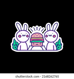 Kawaii rabbit character with cheeseburger, illustration for t-shirt, sticker, or apparel merchandise. With doodle art.
